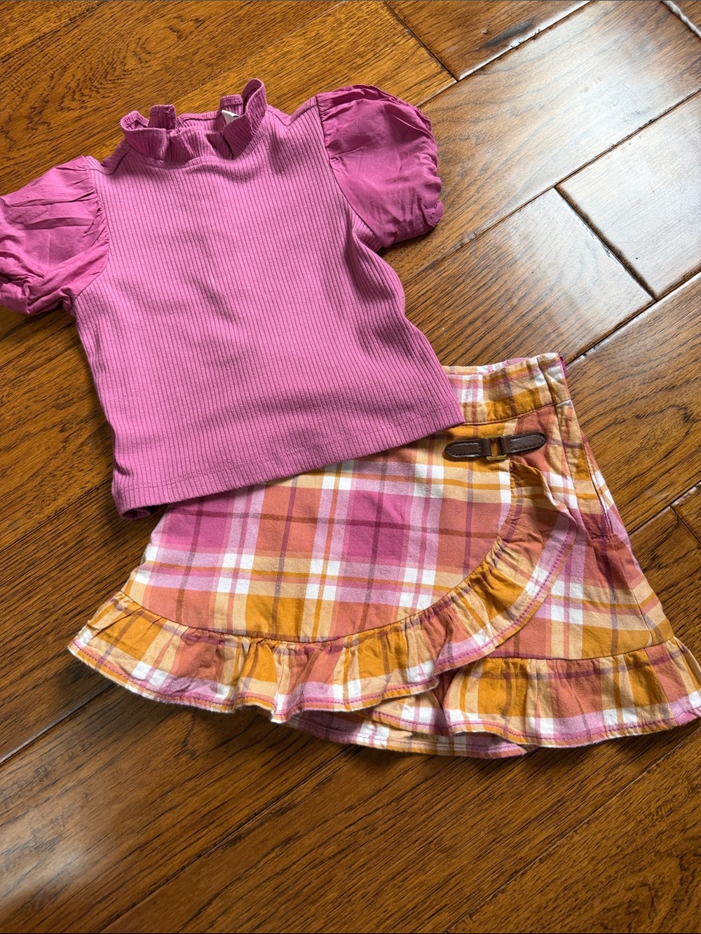 Kids Plaid Ruffle Skirt and Pink Top Set